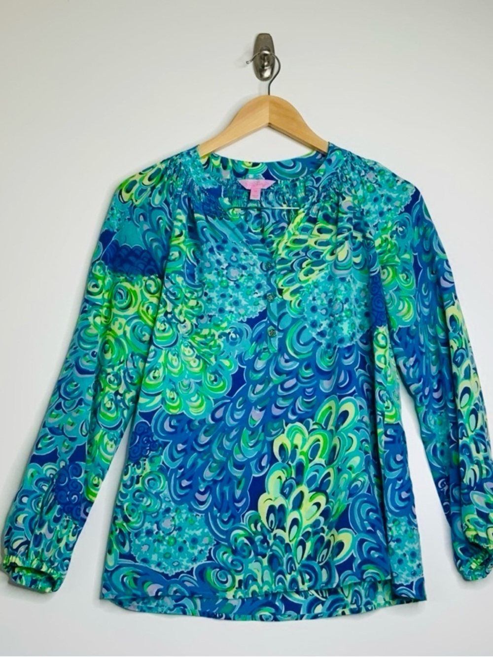 Lilly Pulitzer 100% Silk Blue & Green Abstract Floral Long Sleeve Tunic blouse